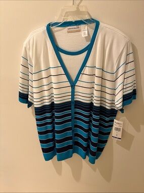Alfred Dunner White, Teal & Navy Striped Button-Front Top